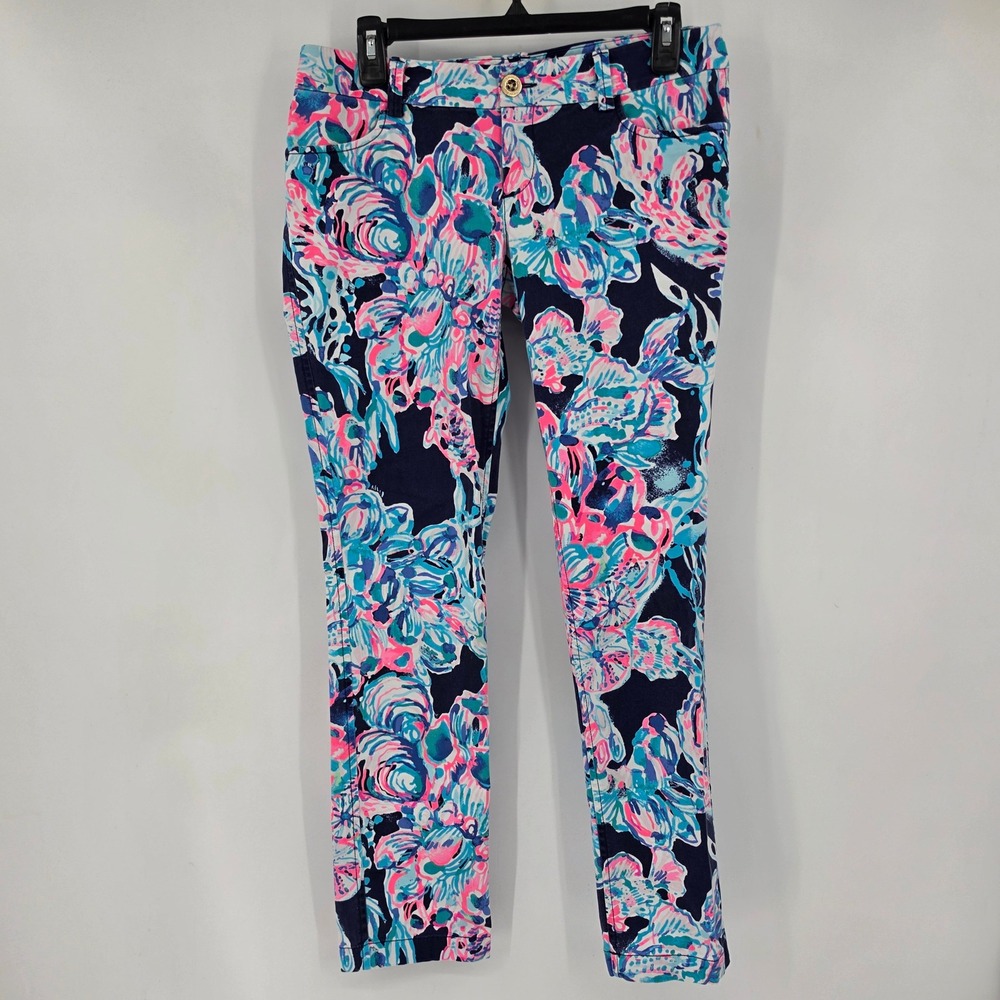 Lilly Pulitzer Womens 4 Floral Slim Ankle Pants #28003 Cotton Coastal Summer